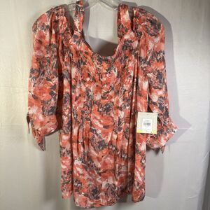 New Juniper & Lime Women’s Large Cold Shoulder Blouse Coral Gray Abstract